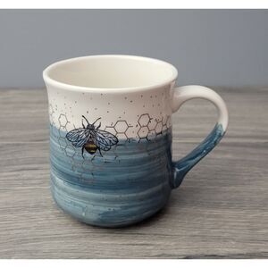Heartland Hive Ceramic Coffee Mug Blue Dip Dye Ribbed Design Honeybee Honeycomb